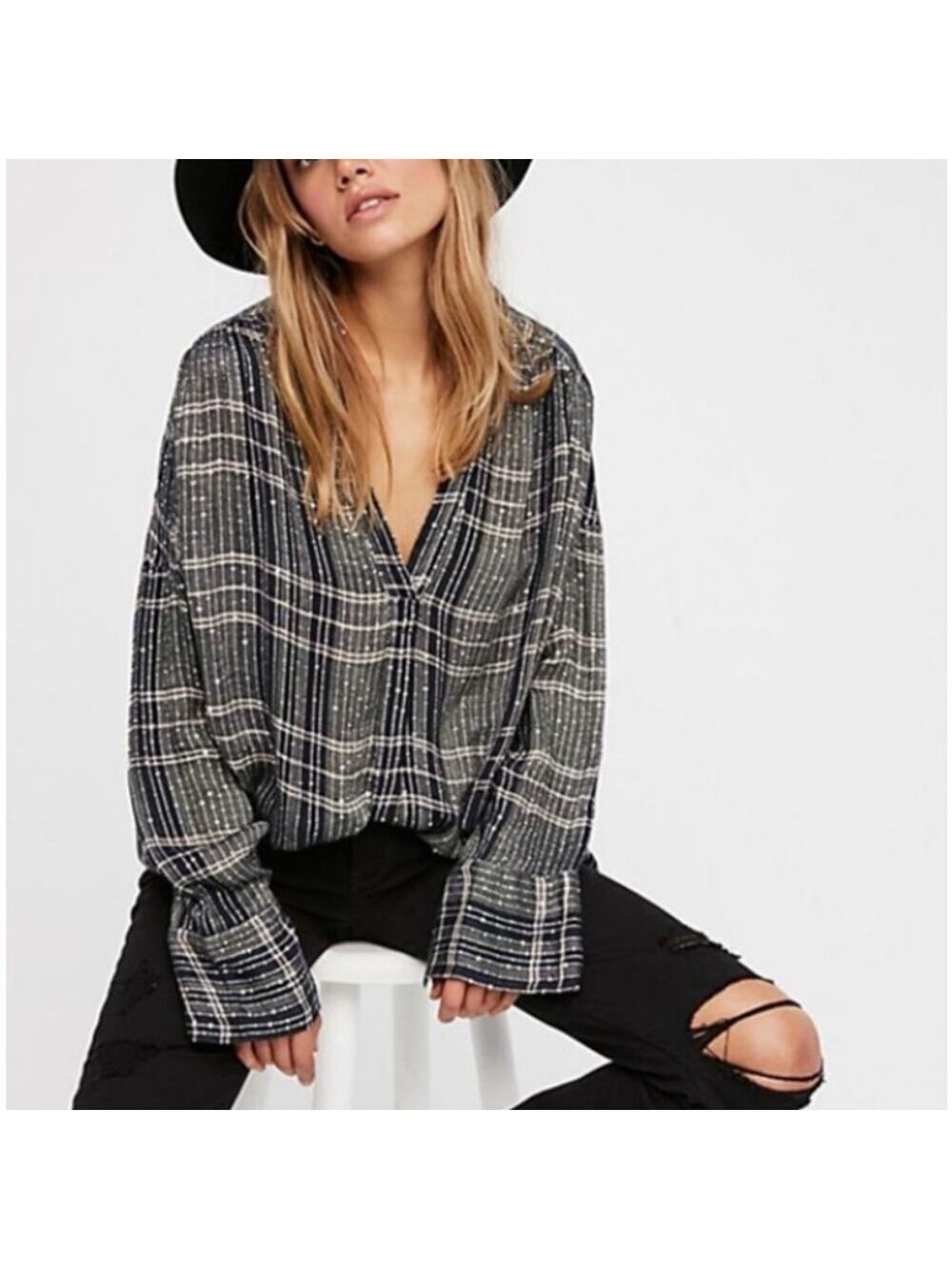 Free People Fearless Love Oversized Metallic Plaid Top - size Medium